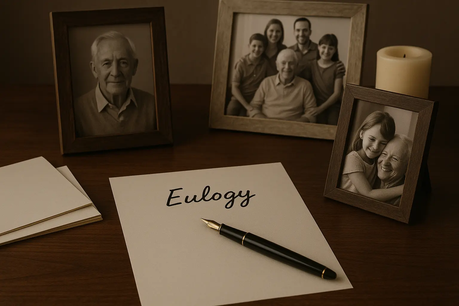 Person writing eulogy with photos and memories scattered around