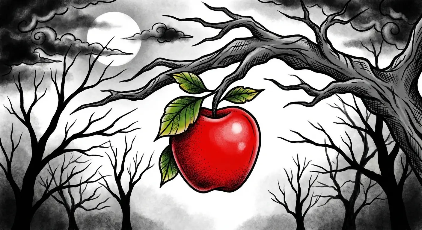 Bright red apple tattoo design hanging from a dark withered tree branch