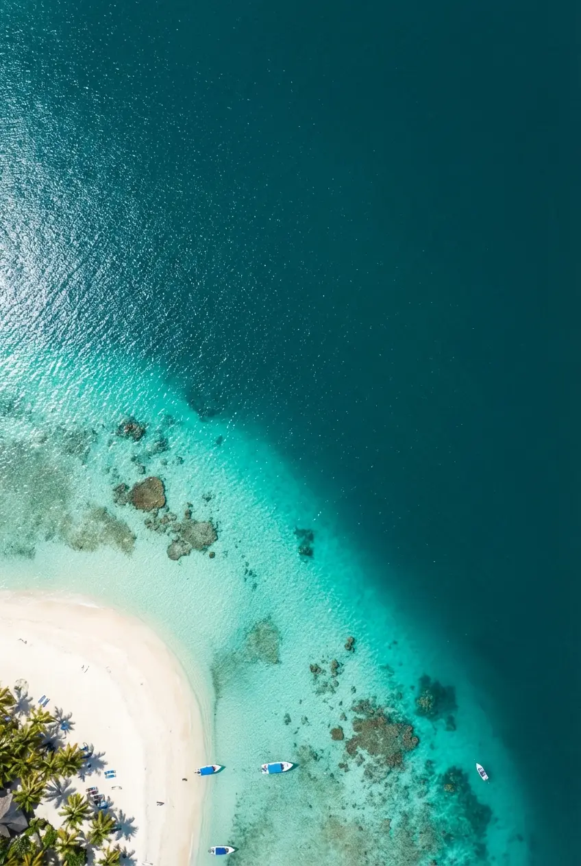 Aerial Caribbean Sandbar drone shot looking straight down at turquoise water fading into deep teal