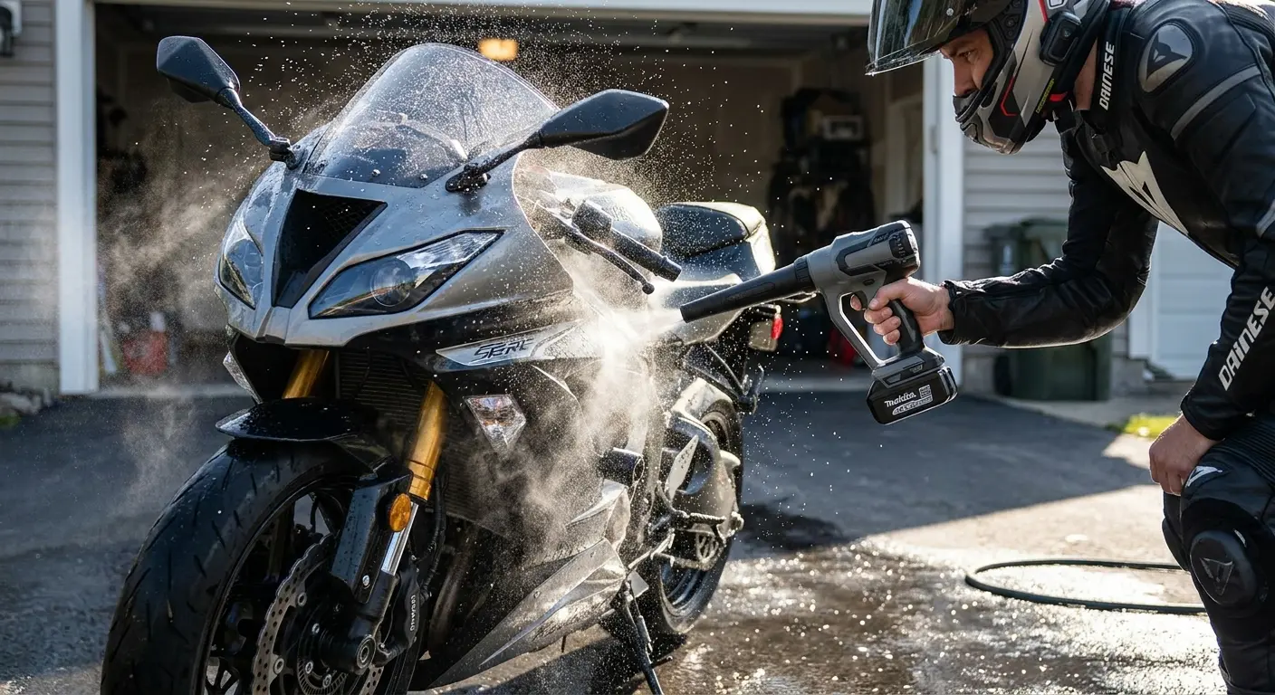 Using compressed air to remove water from motorcycle crevices