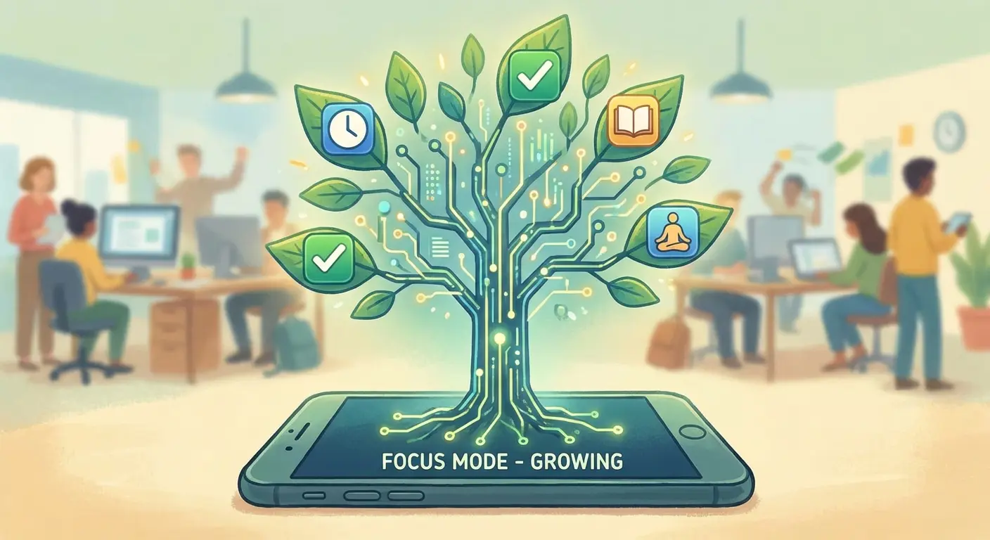 Forest app interface showing a virtual tree growing to encourage focus