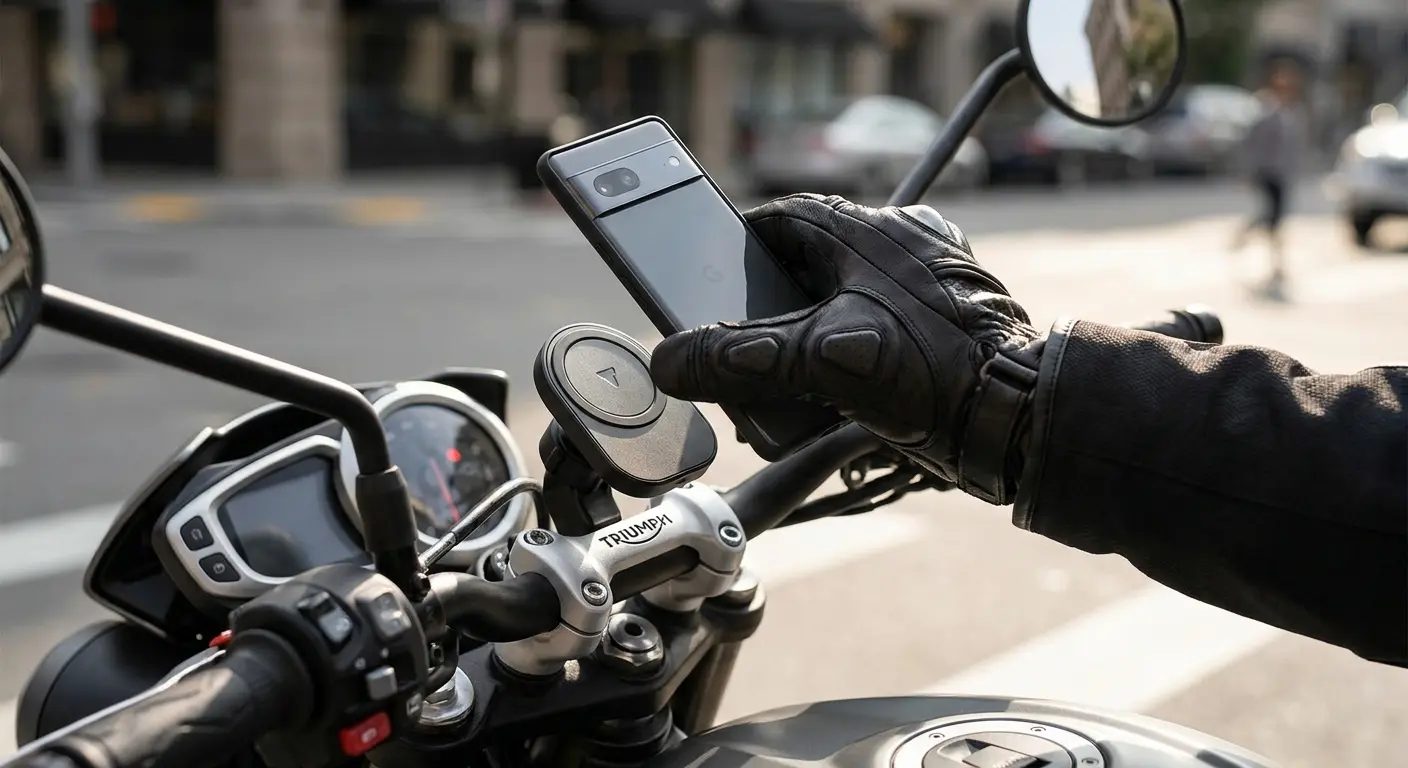 Rokform phone mount on motorcycle handlebar