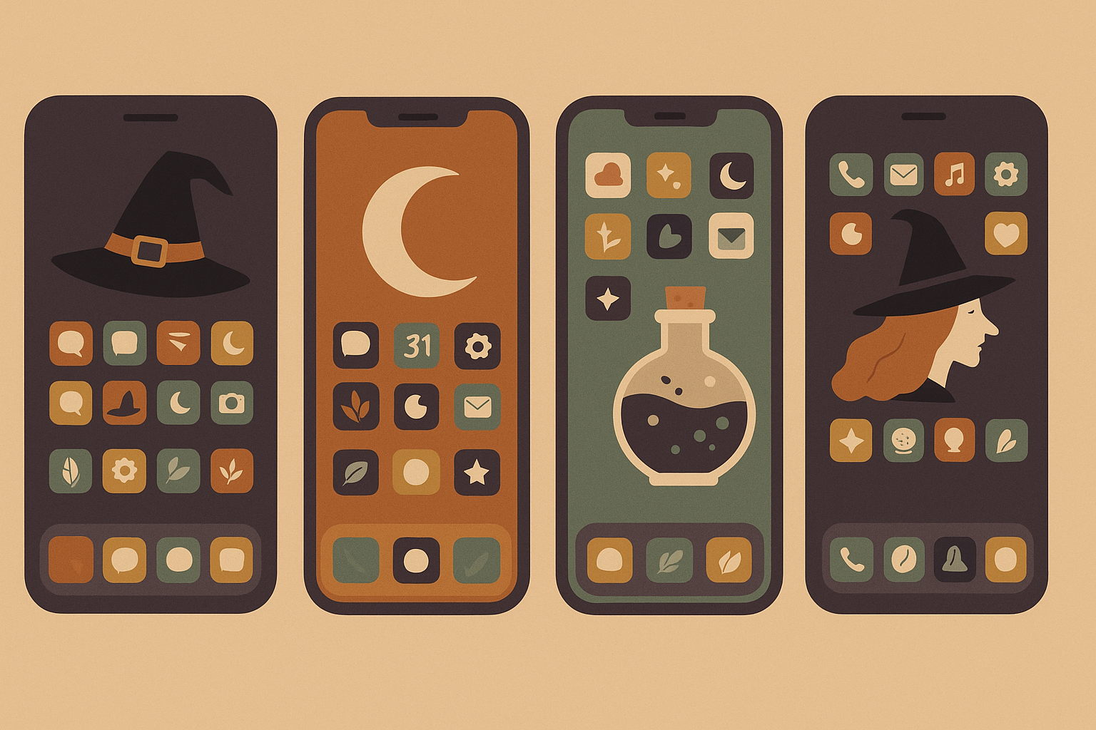 Phone displaying witchy wallpaper with app icons arranged aesthetically