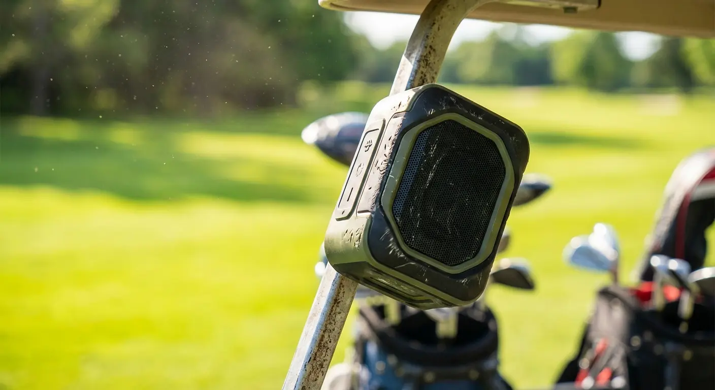 G-ROK PRO Bluetooth speaker magnetically mounted to a golf cart