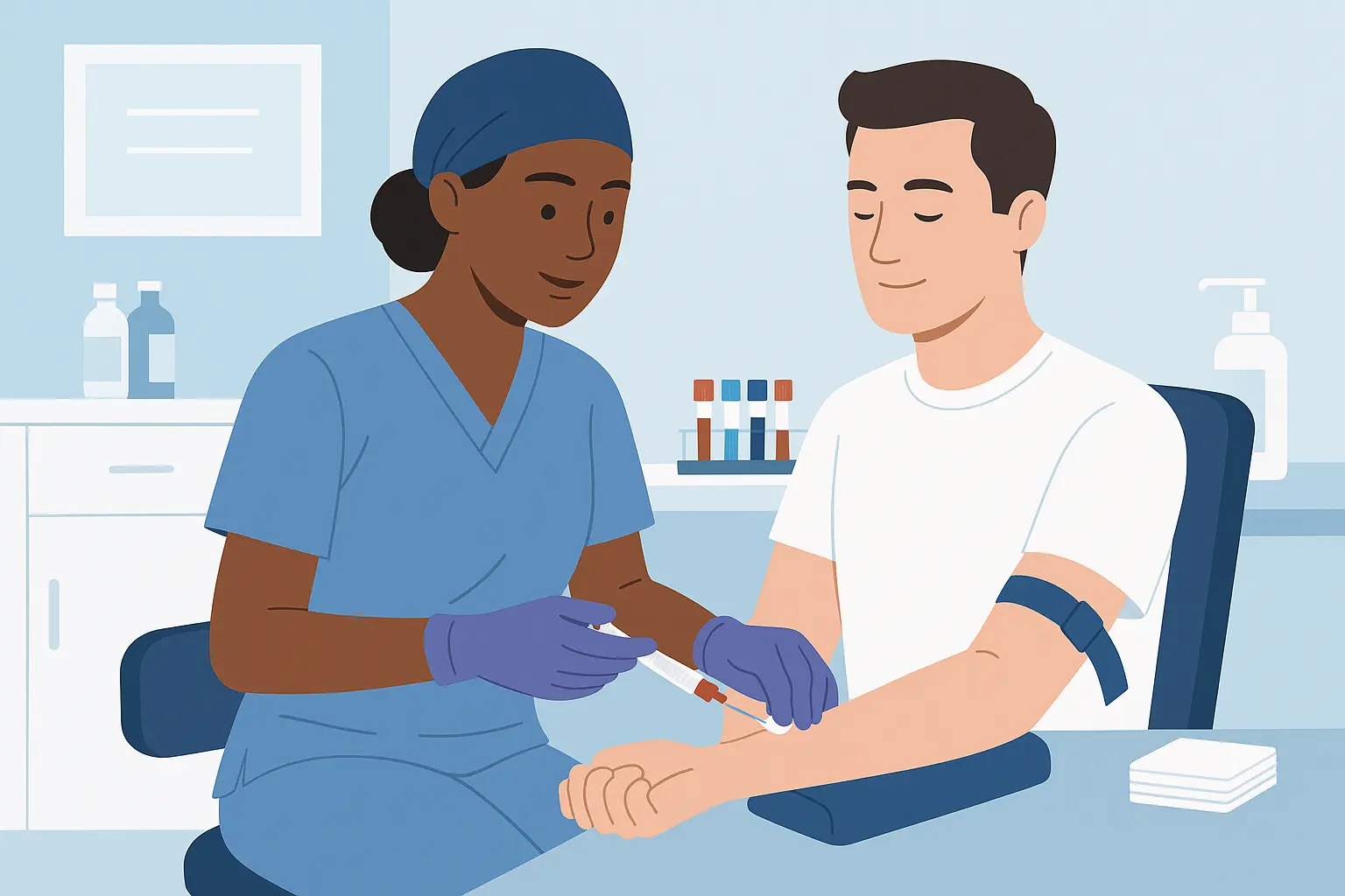 Phlebotomist drawing blood from patient