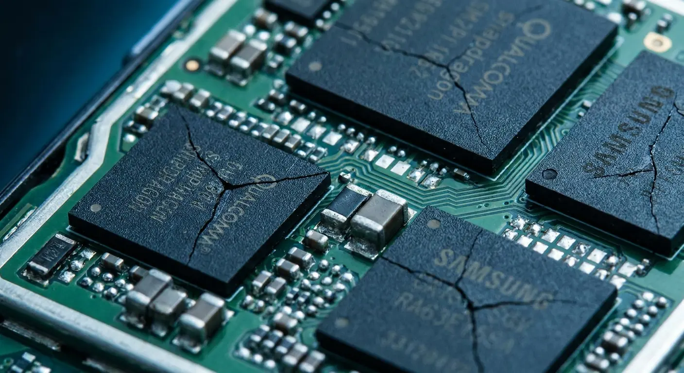 Phone internal components showing micro-fracture damage