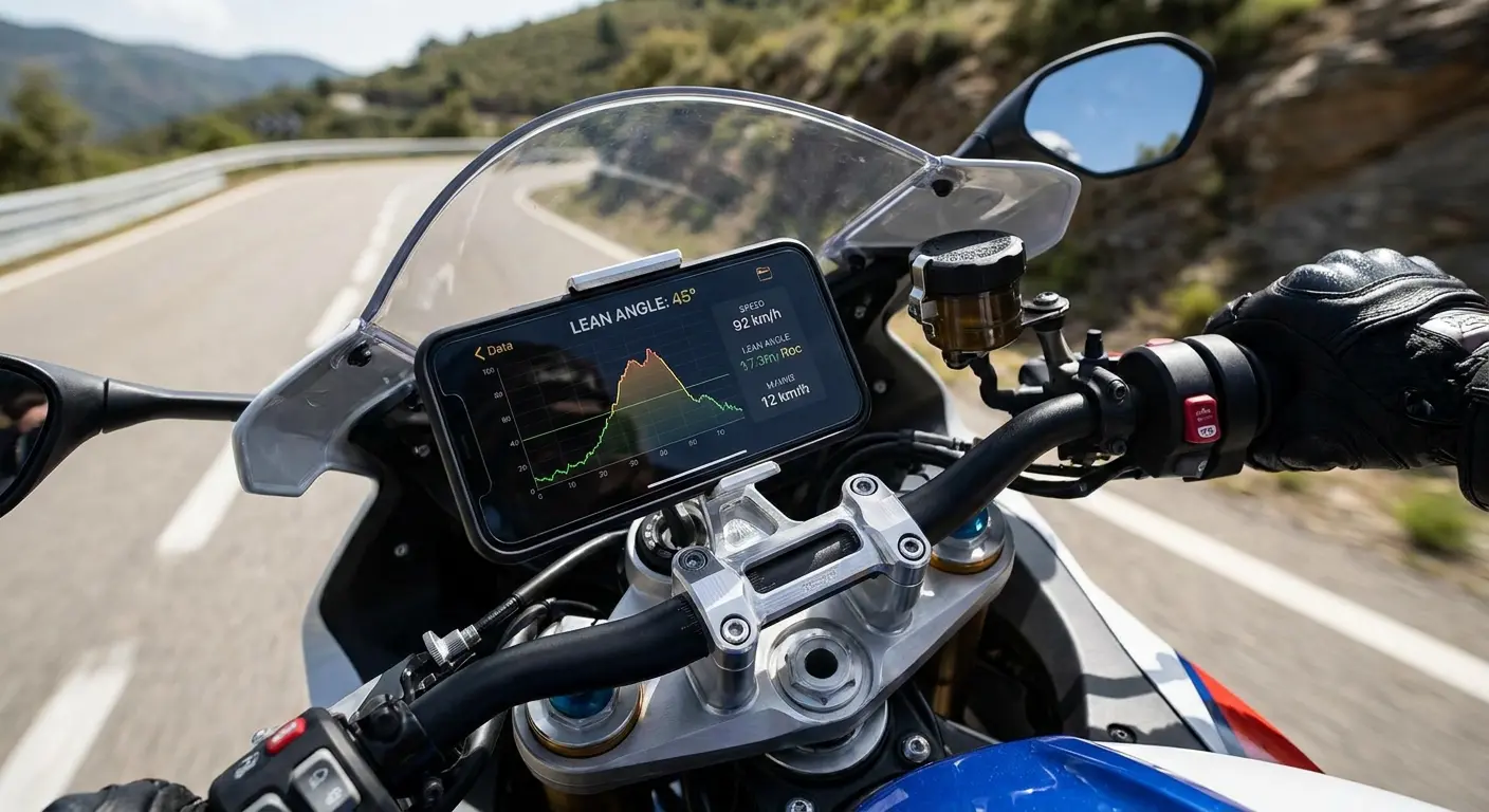 Smartphone mounted on motorcycle displaying telemetry data