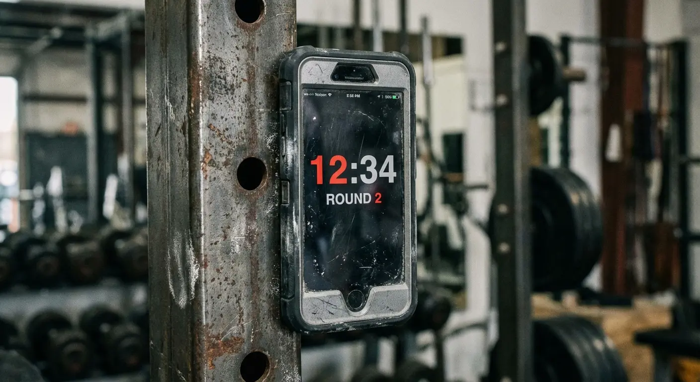 Rokform rugged phone case mounted on gym equipment