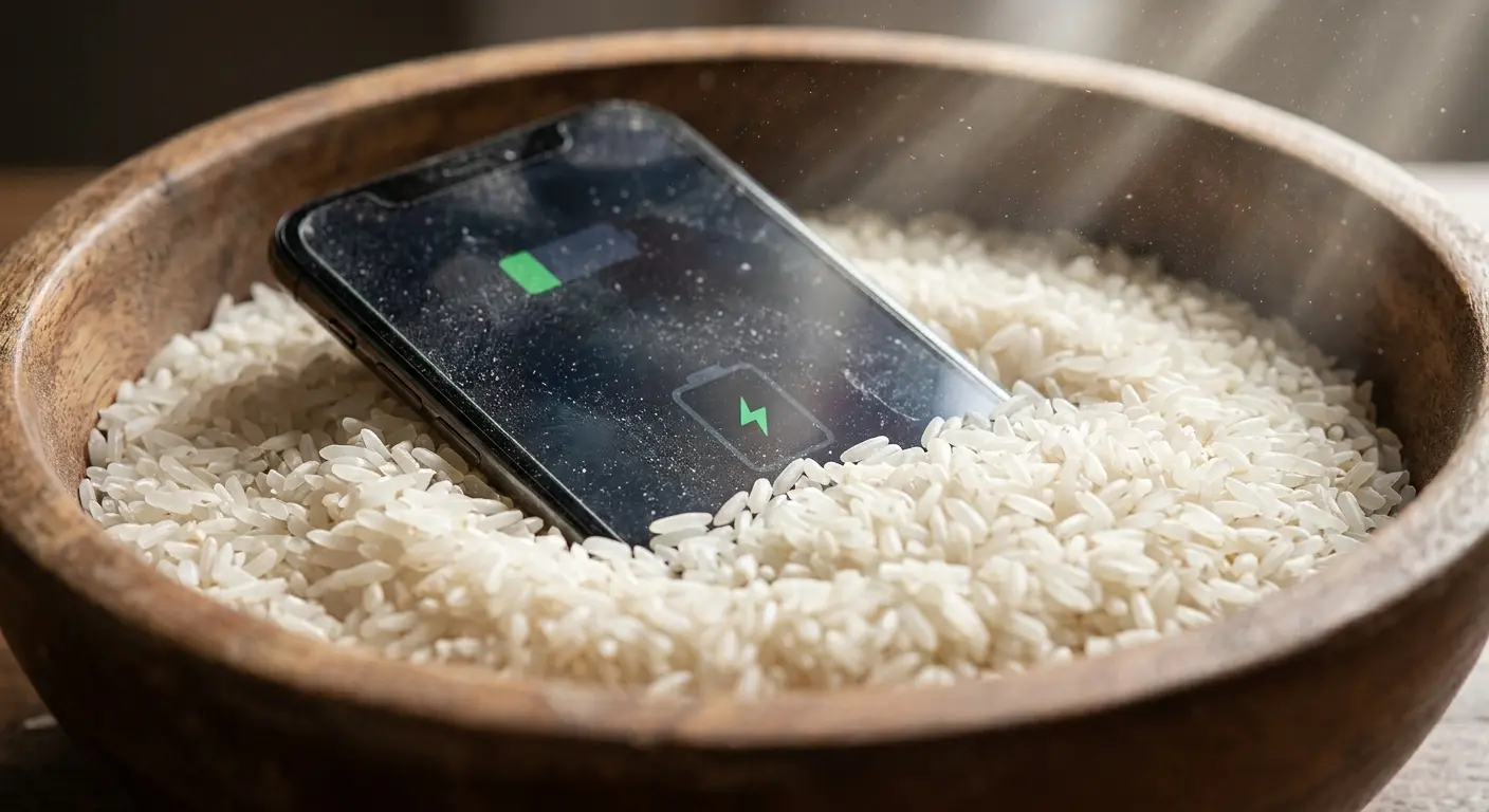 Phone in rice bowl showing contamination