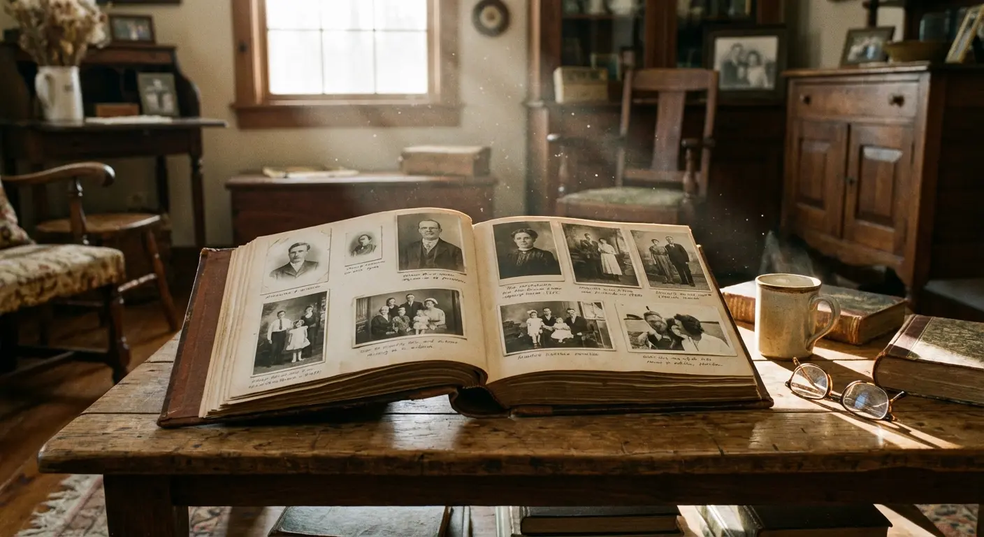 Old letters and photos representing a distant relative tribute
