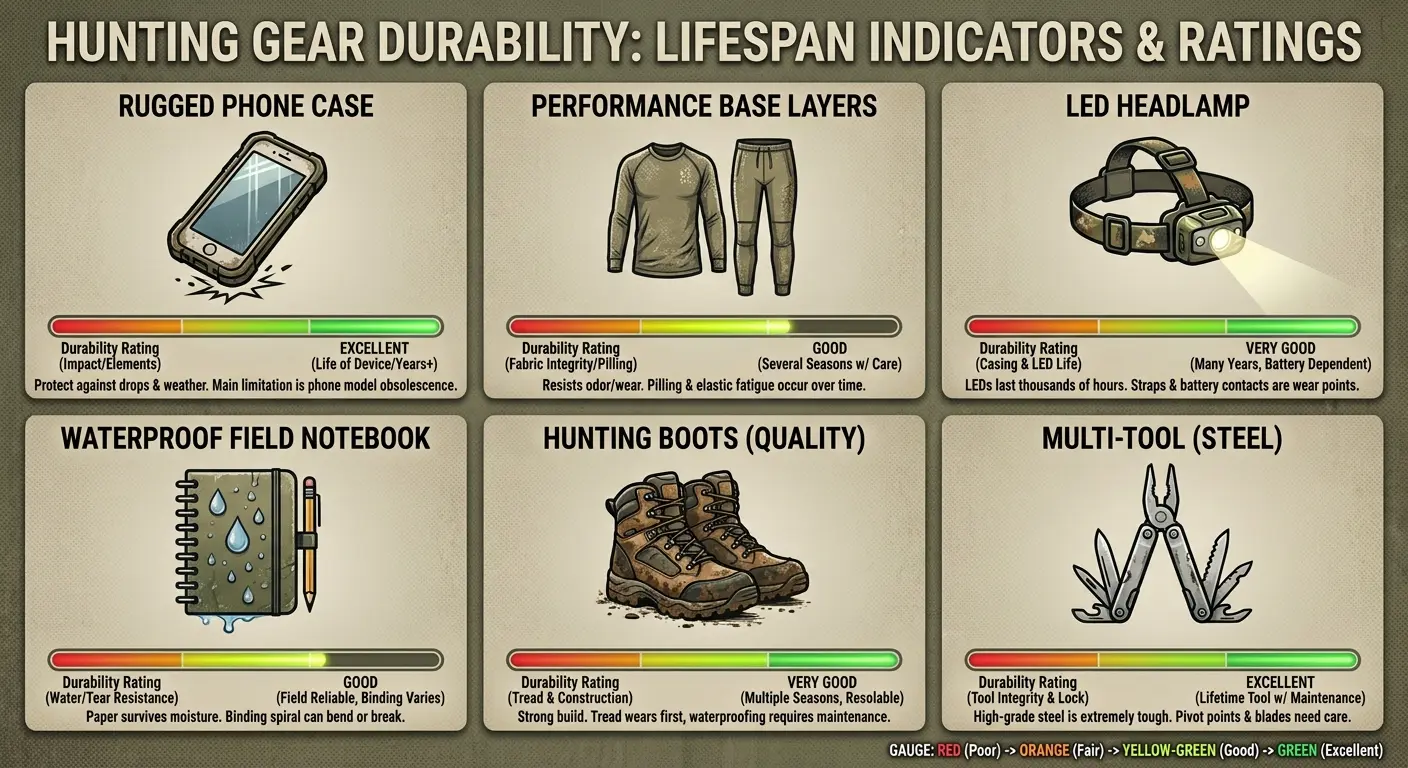 Rugged hunting gear laid out