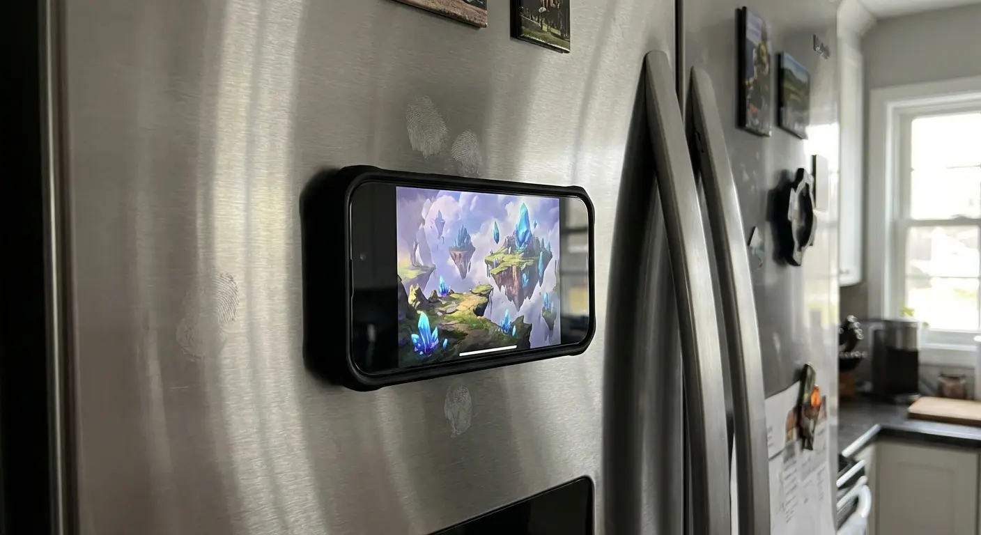 Phone mounted on a magnetic surface using Rokform case