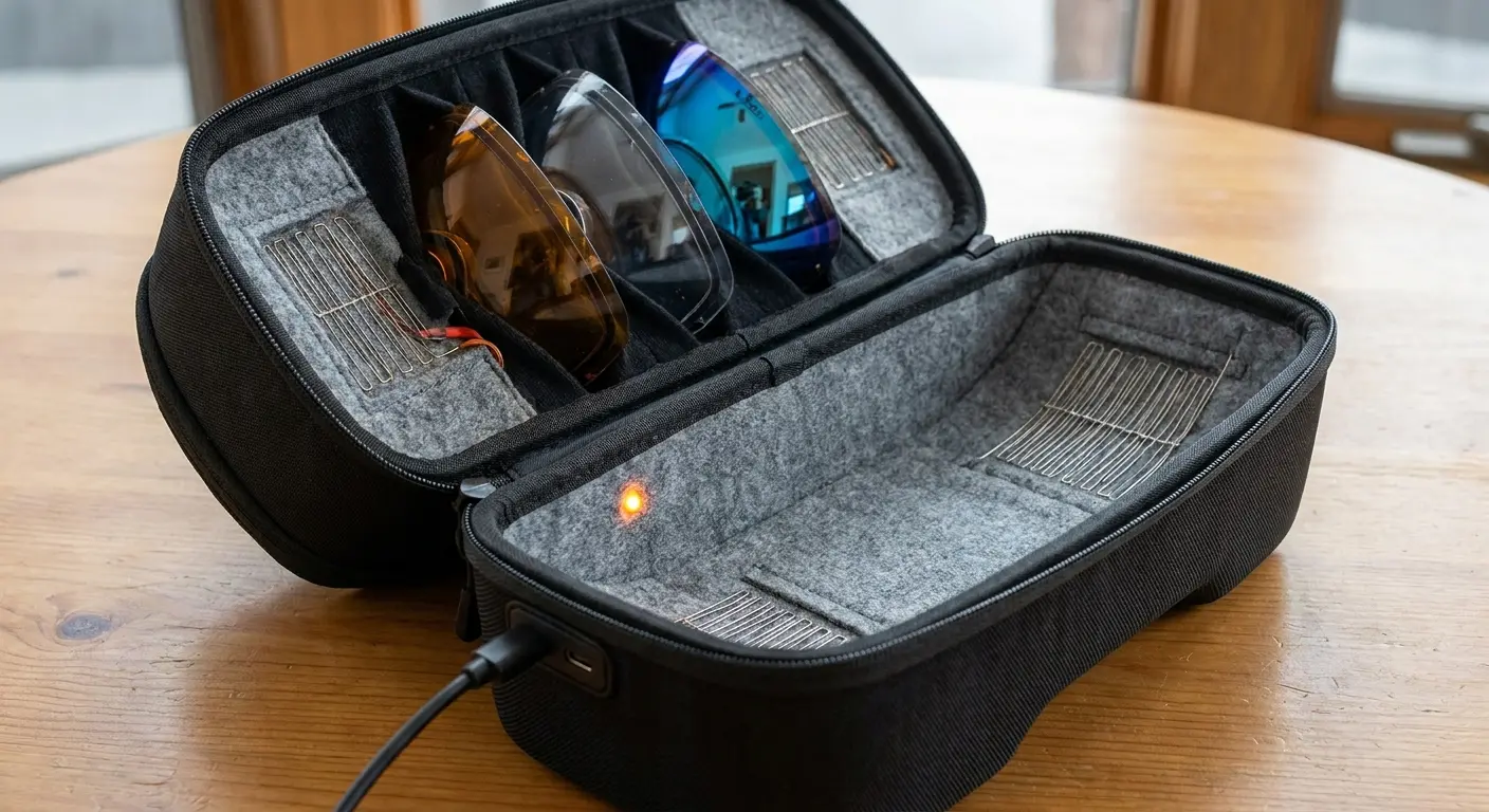 Heated case protecting goggle lenses