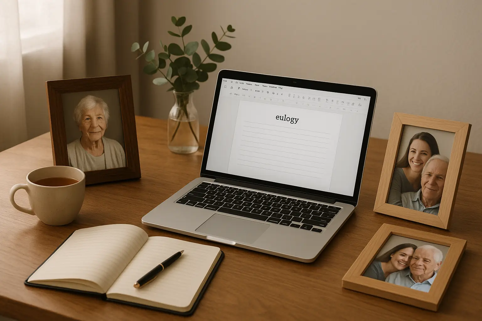 Person writing with Eulogy Generator interface