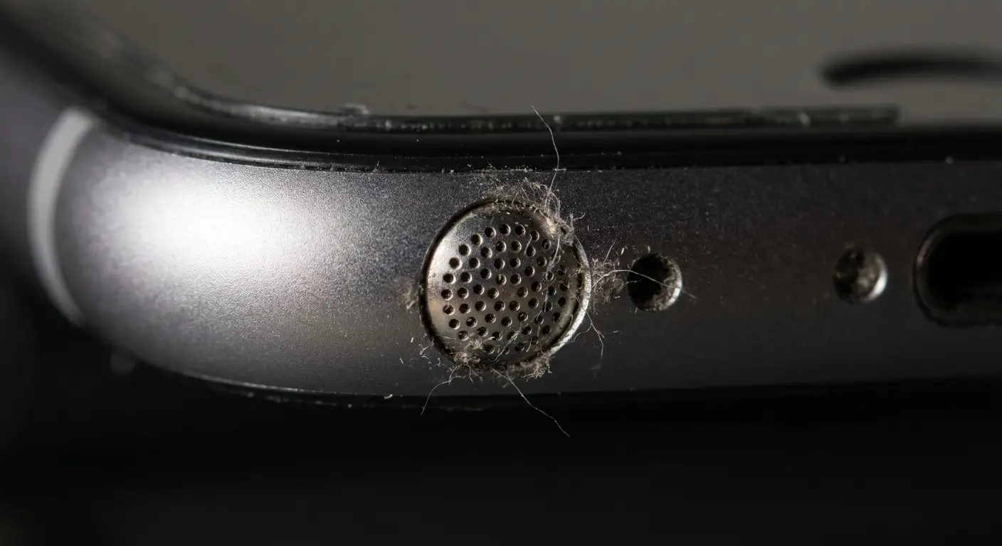 iPhone speaker grille close-up showing debris accumulation