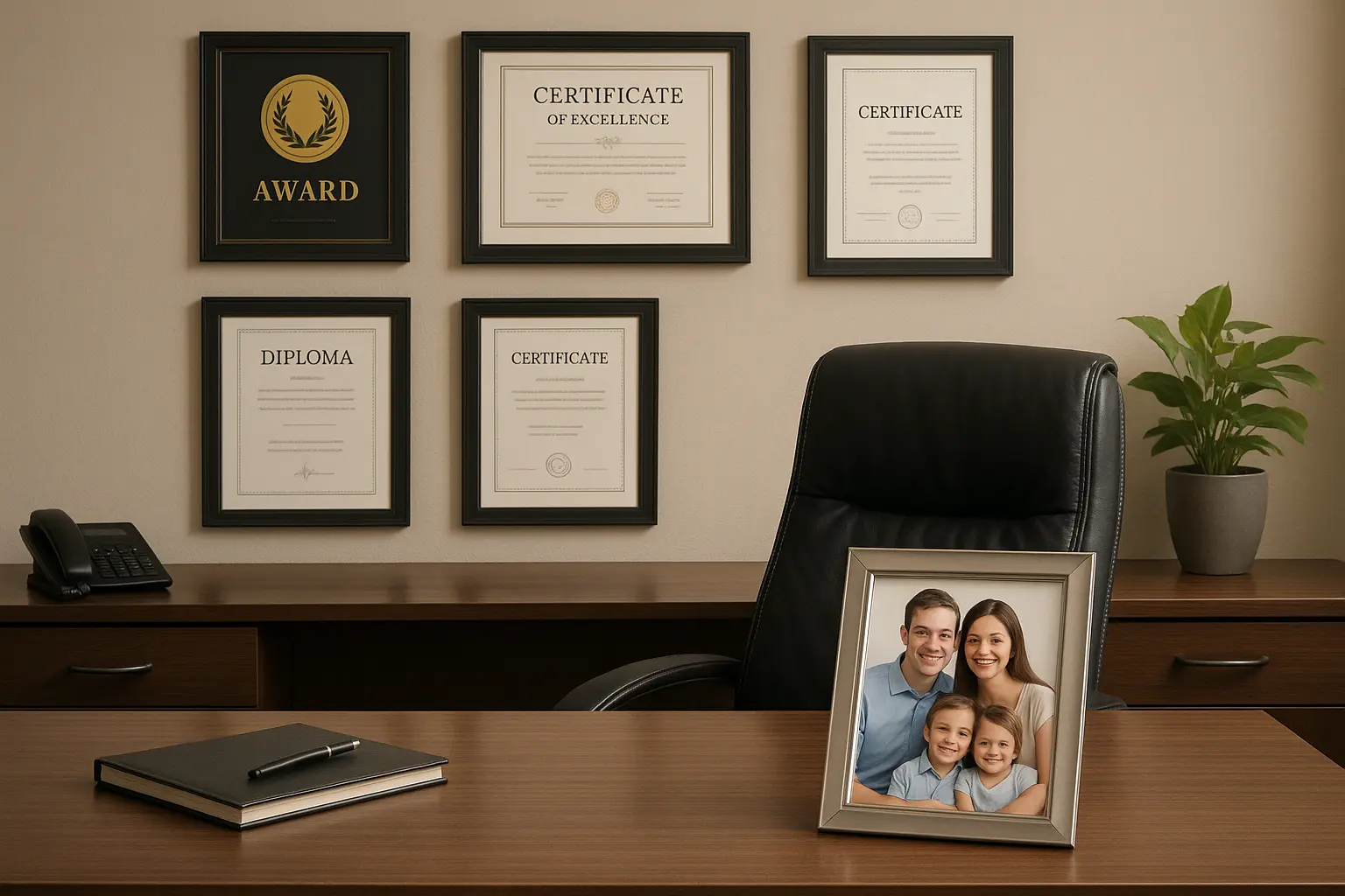 Professional man in business attire with family photo on desk