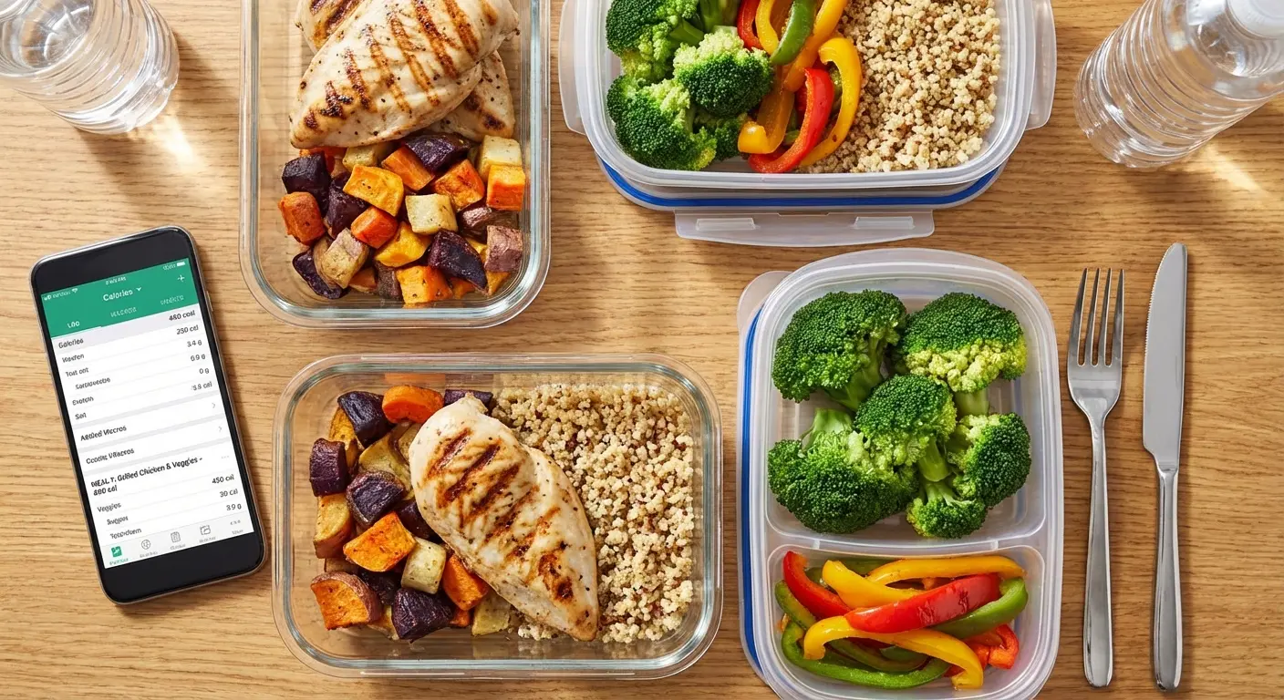 Healthy meal with smartphone showing calorie tracking app