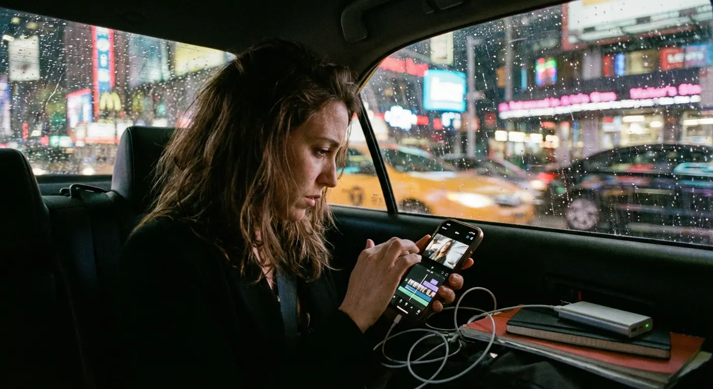 Person editing video on iPhone in a taxi