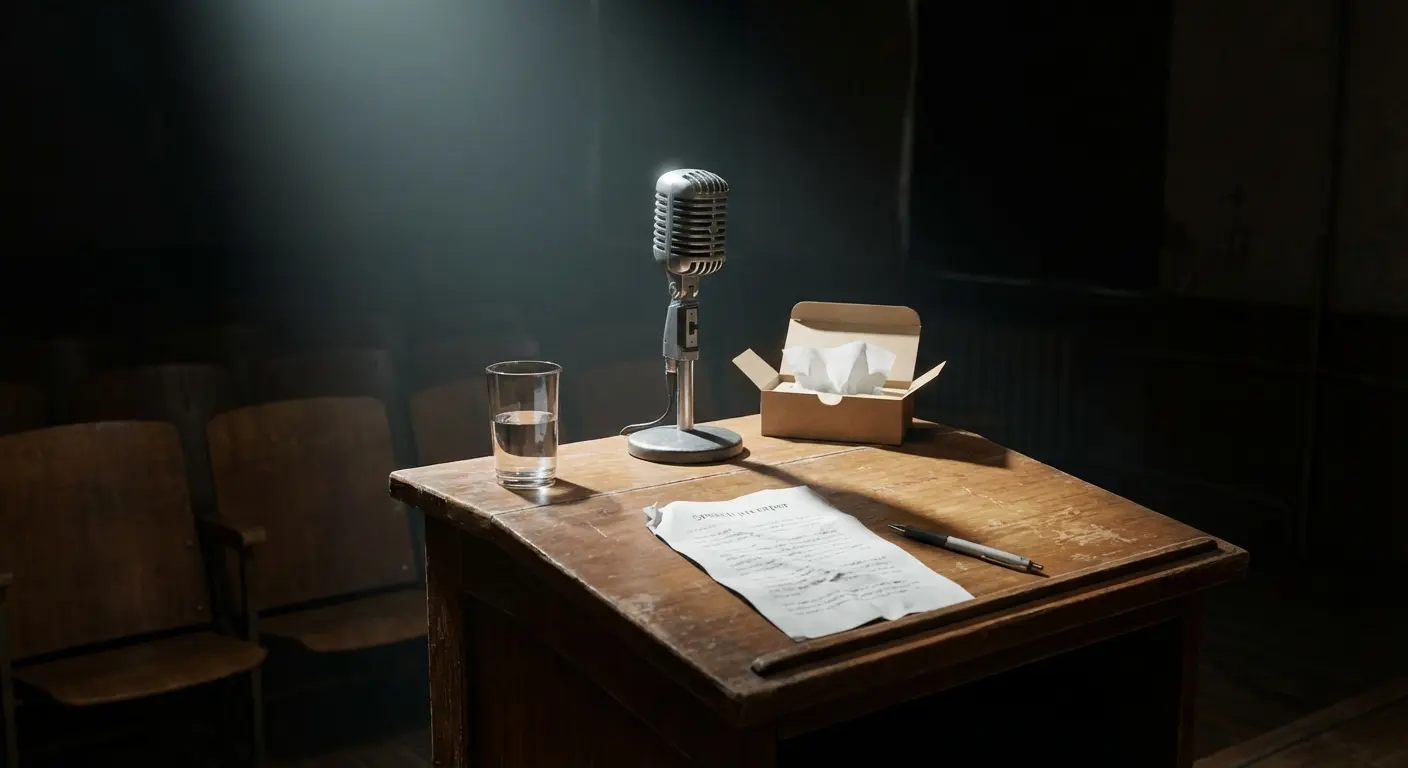 Podium with a microphone and a glass of water, ready for a speech