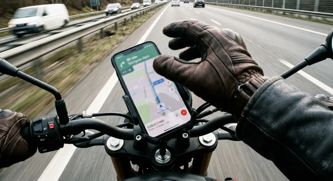 Motorcycle rider checking phone mount while riding
