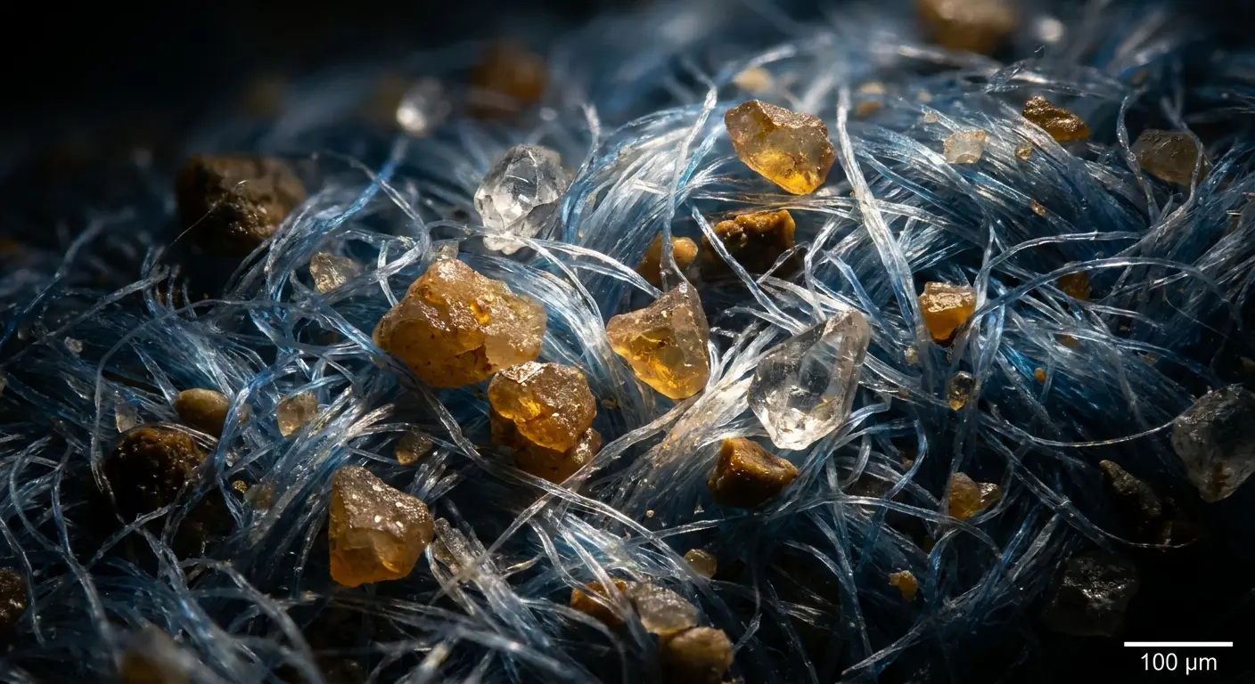Microfiber cloth with trapped particles under magnification