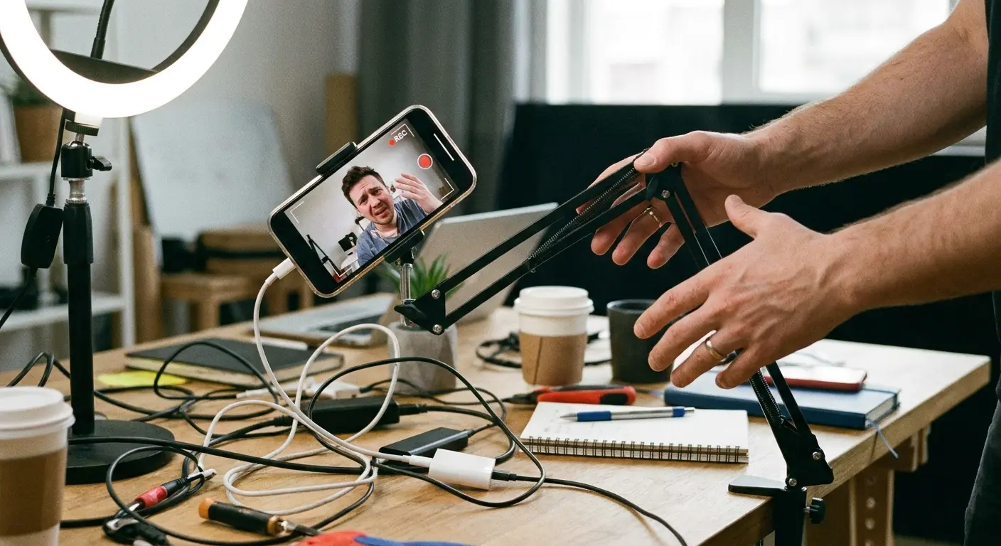 YouTube creator filming with mobile setup