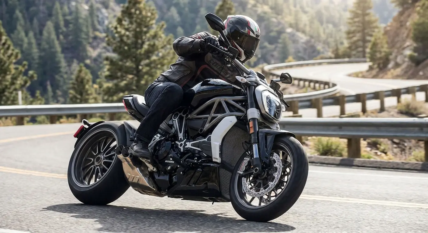 Performance cruiser motorcycle in action