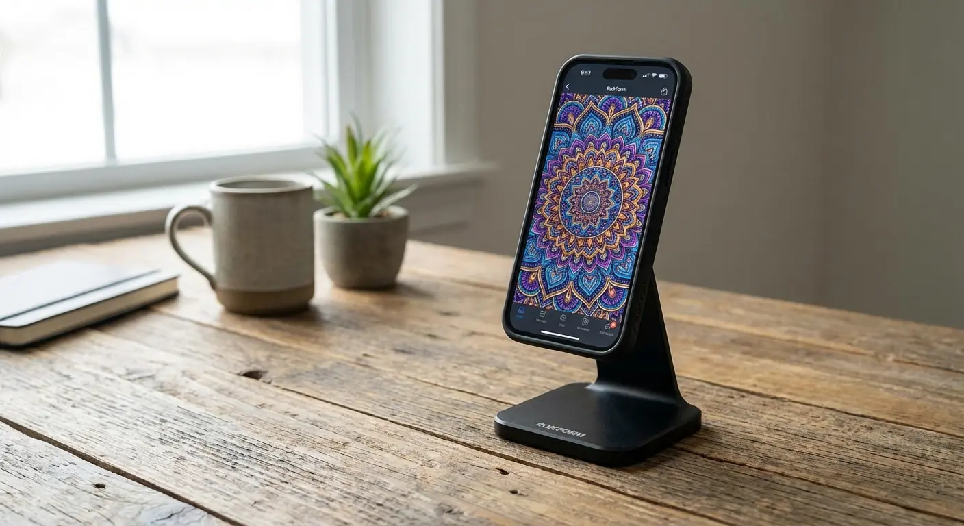 Rokform Magnetic Wireless Charging Stand holding a phone