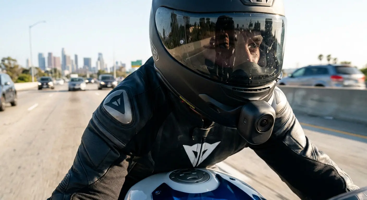 Compact motorcycle camera mounted on helmet
