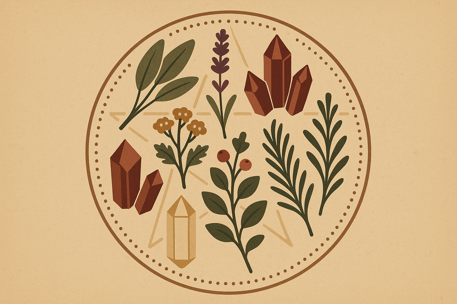 Botanical herbs and crystals arranged in mystical pattern
