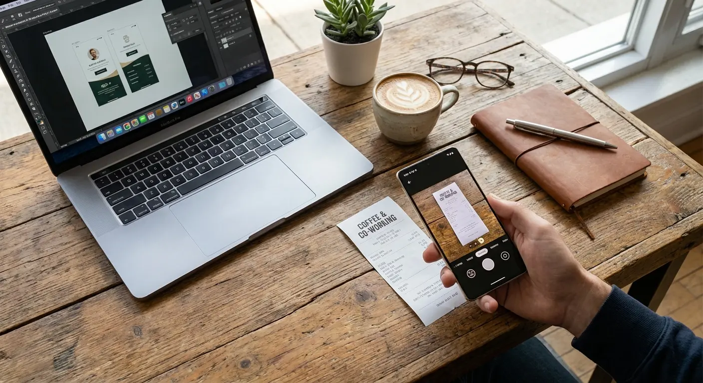 Freelancer scanning receipt with business expense app