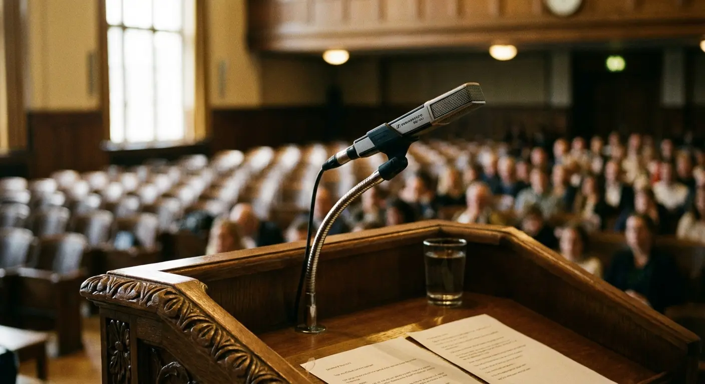 Person holding a glass of water and preparing to speak