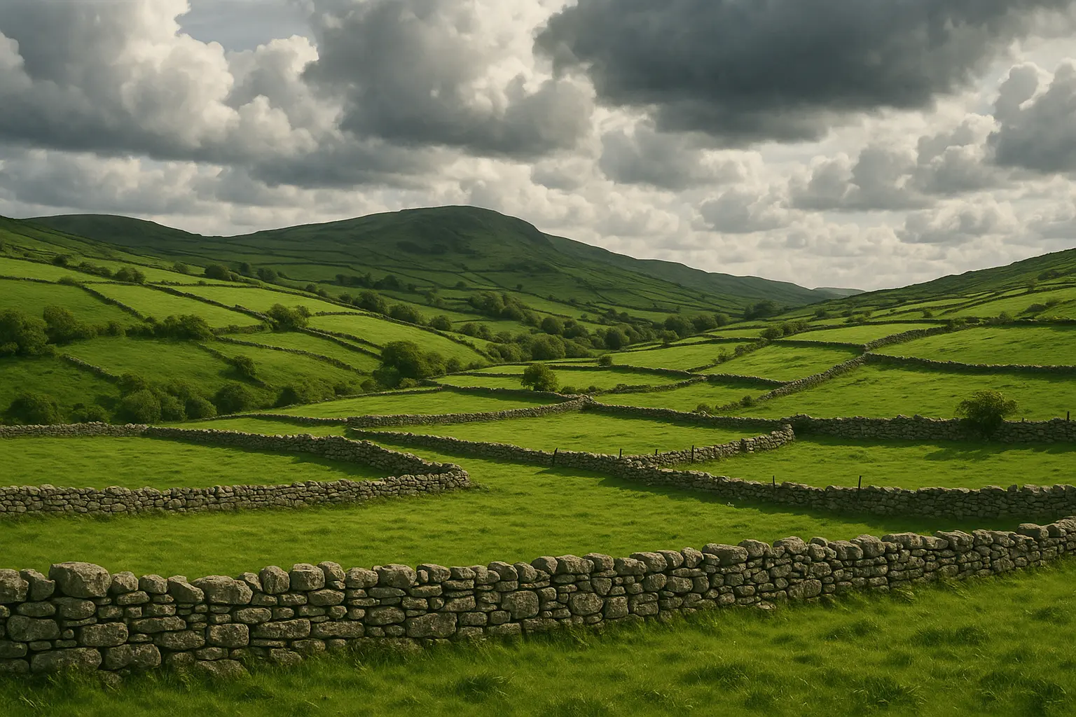 Irish countryside with rolling green hills and ancient stone walls