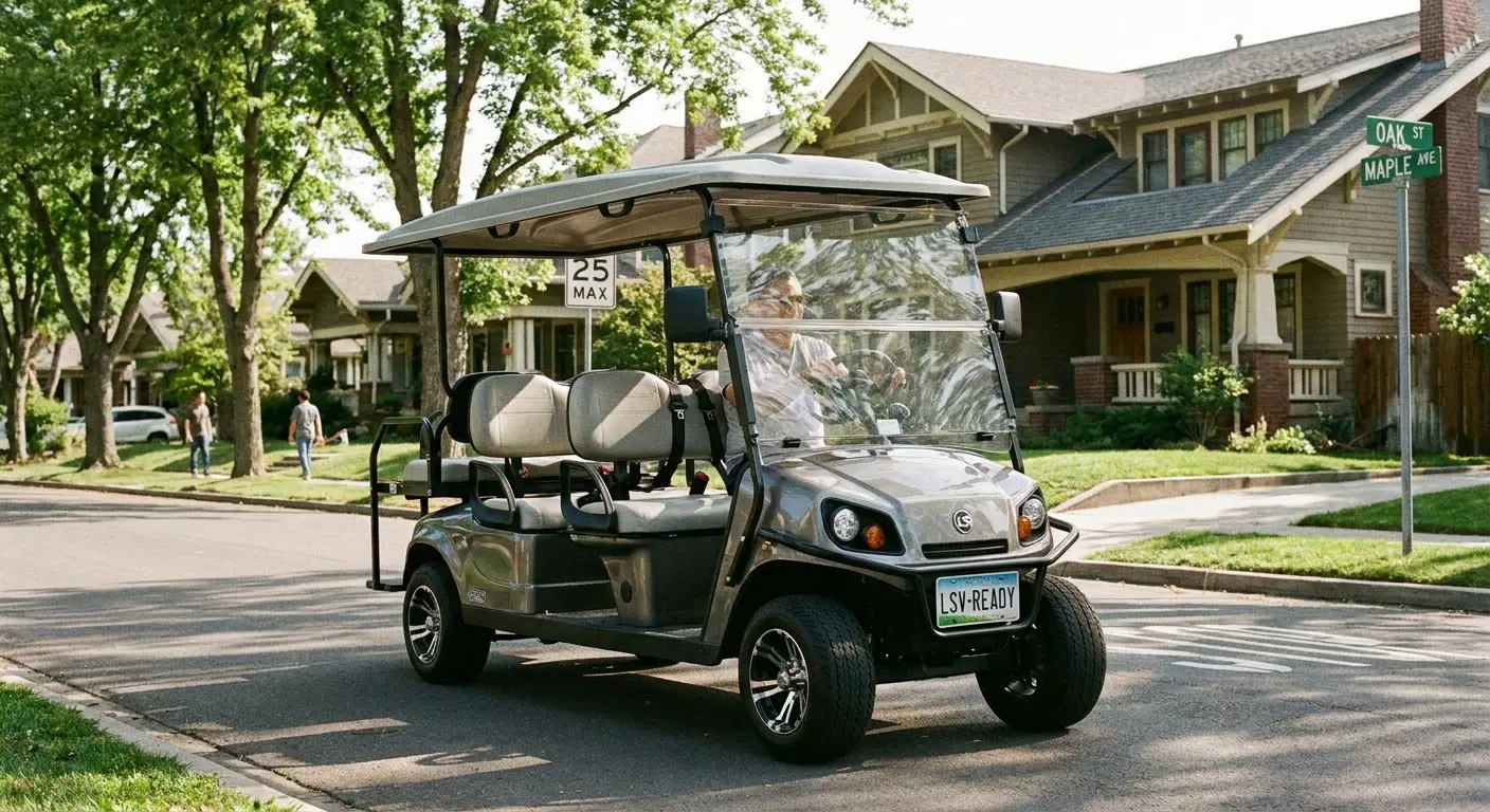 Low-speed vehicle LSV golf cart on street