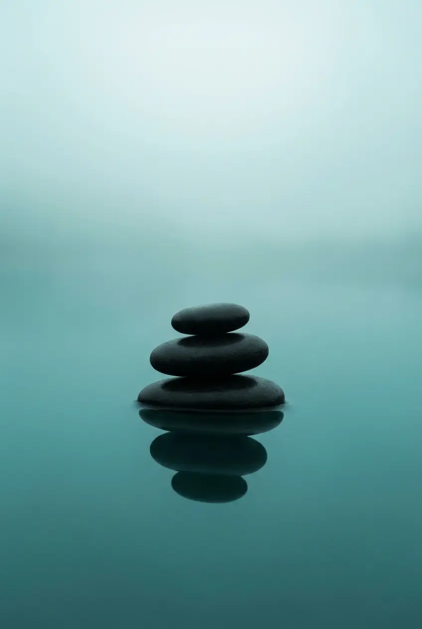 The Zen Stone stack of balanced black stones on a calm teal water surface