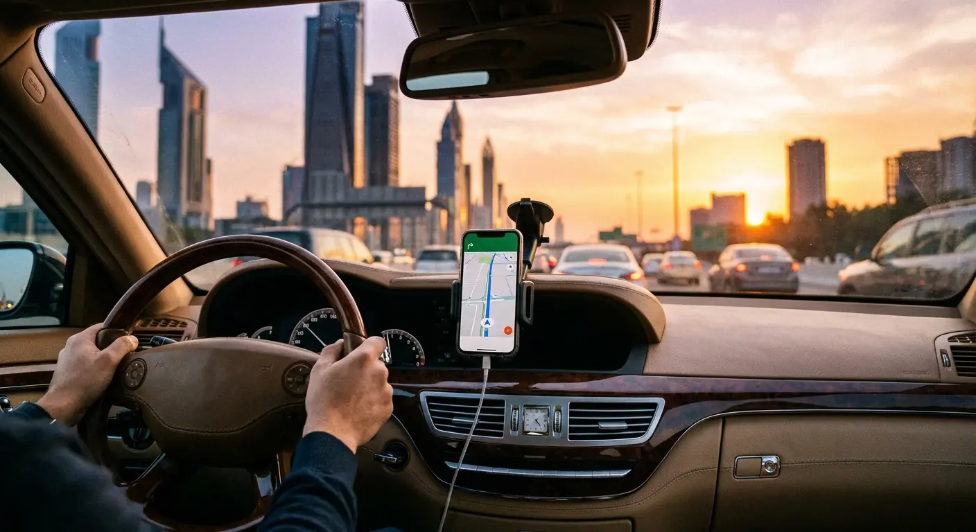 Phone mounted on car dashboard displaying navigation and schedule