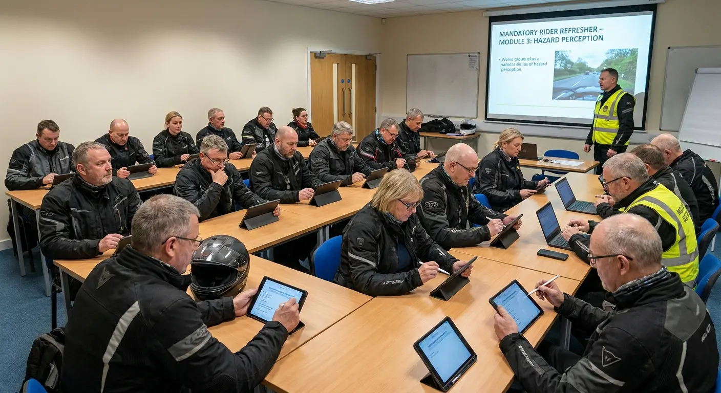 Motorcycle training course with instructor and students