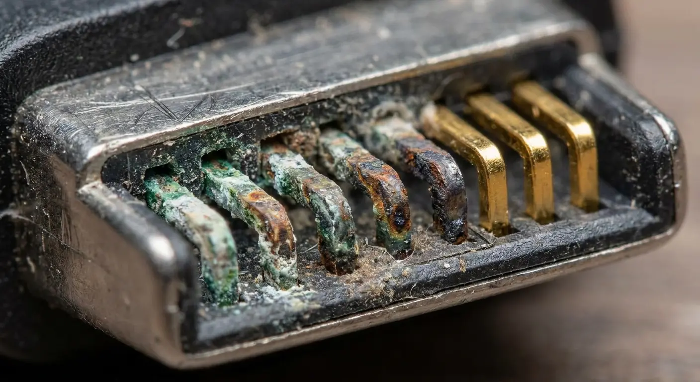 Corroded charging cable connector pins closeup