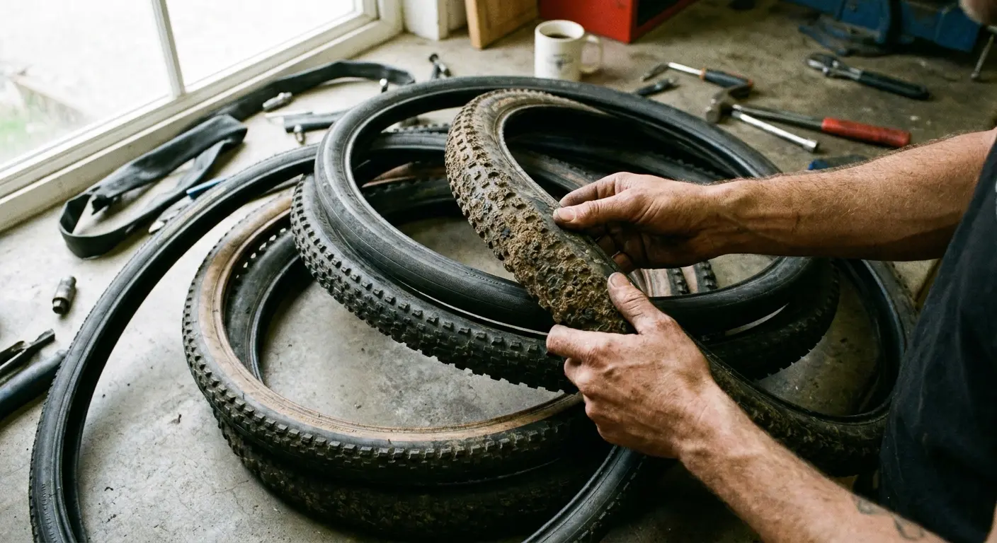 Cyclist examining different bike tire options