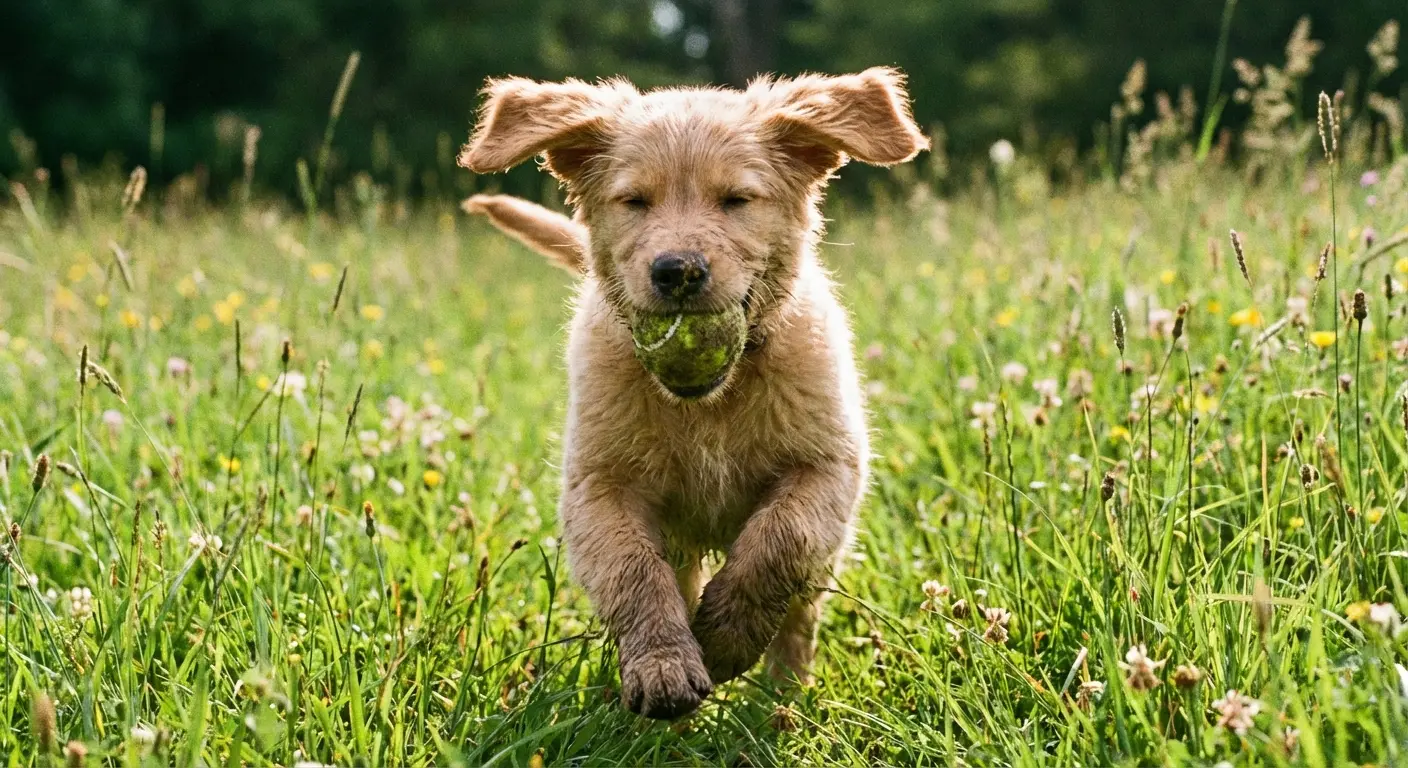A happy dog running in a field