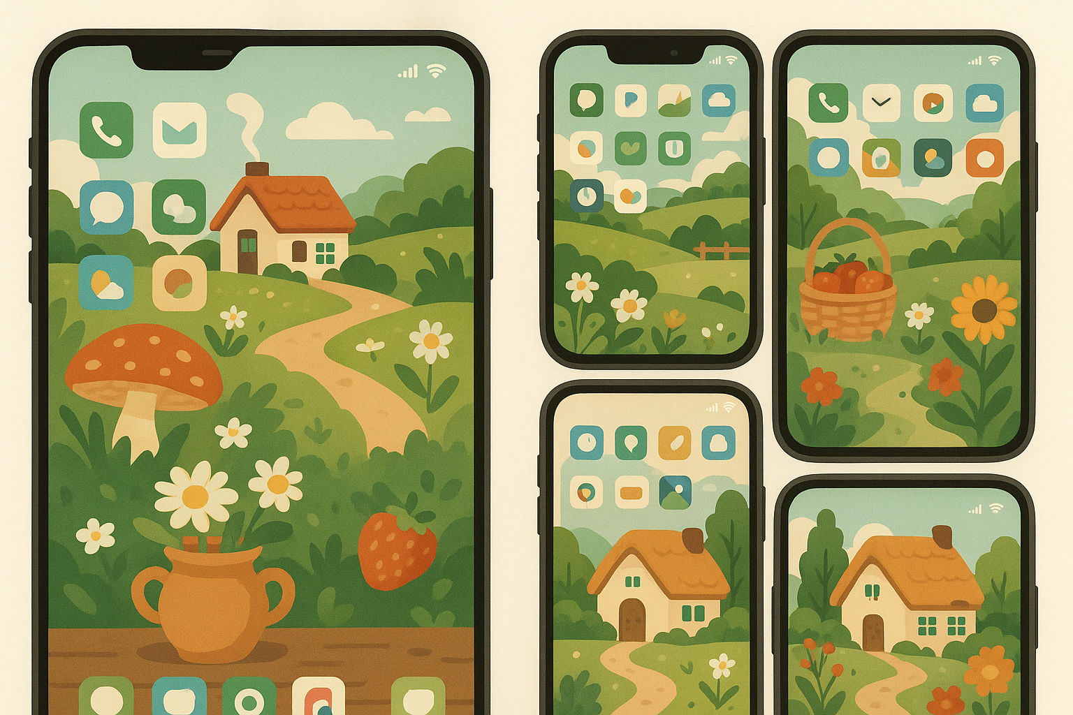 Phone with cottagecore wallpaper display