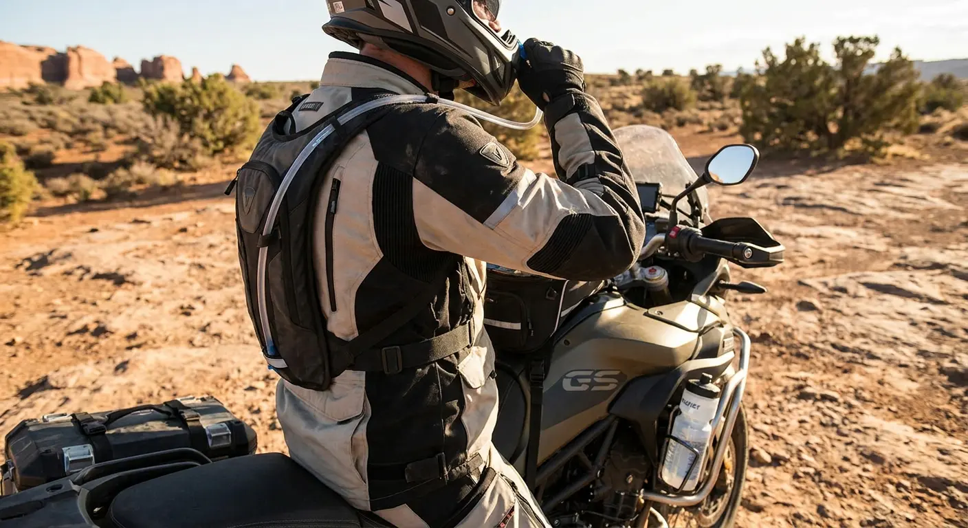 Hydration pack mounted on touring bike
