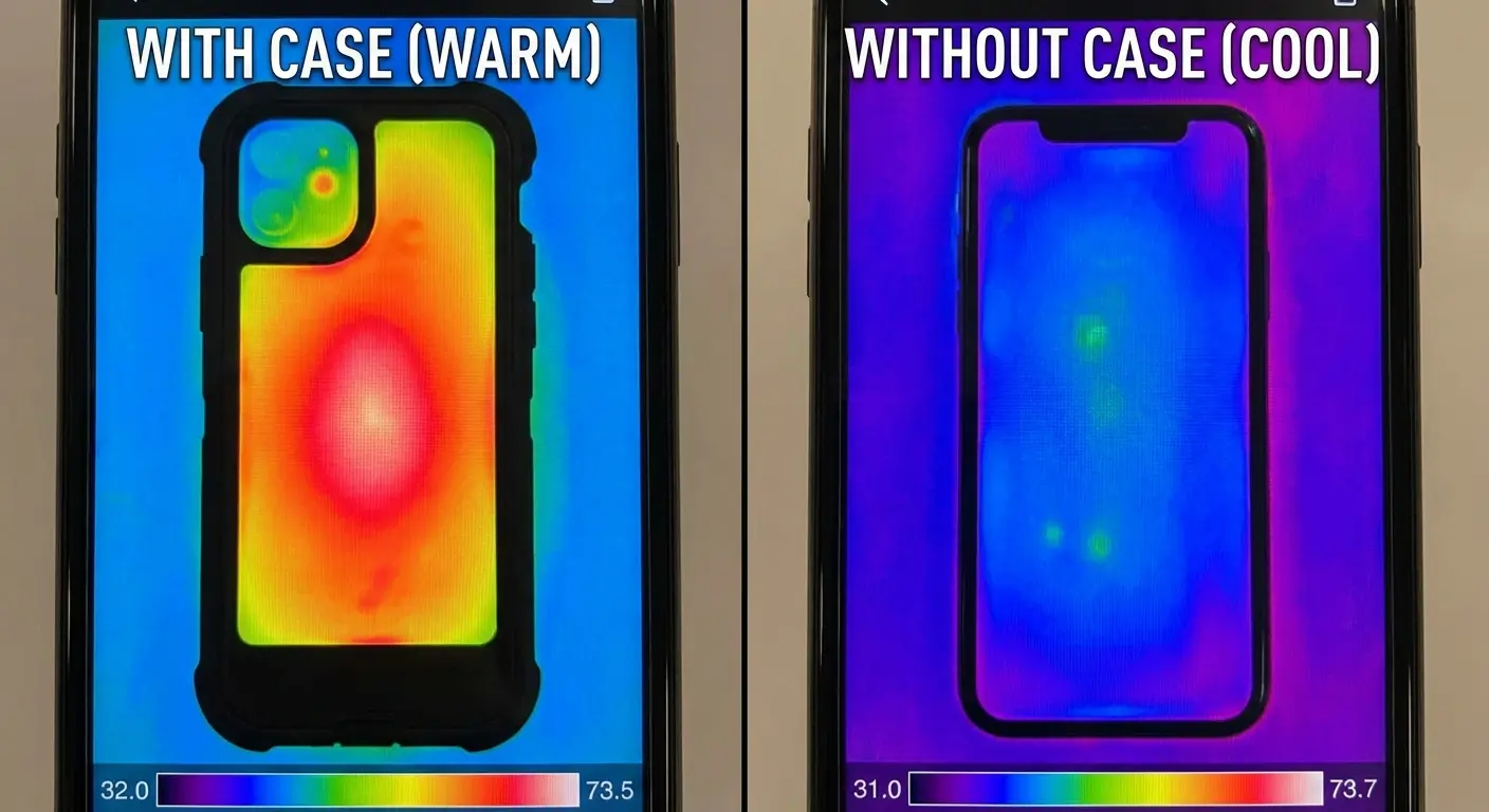 Thermal image showing heat trapped by phone case