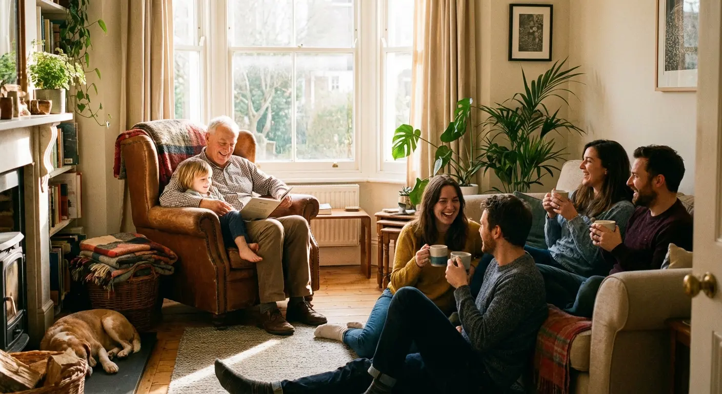 Family gathering for a living eulogy in a living room