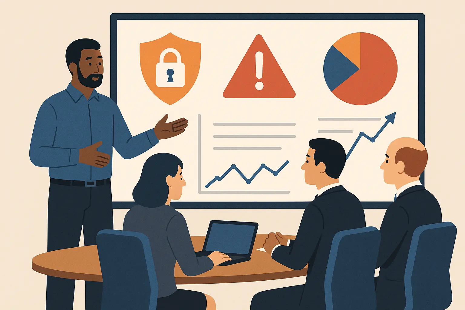 Professional discussing cybersecurity strategy with executives