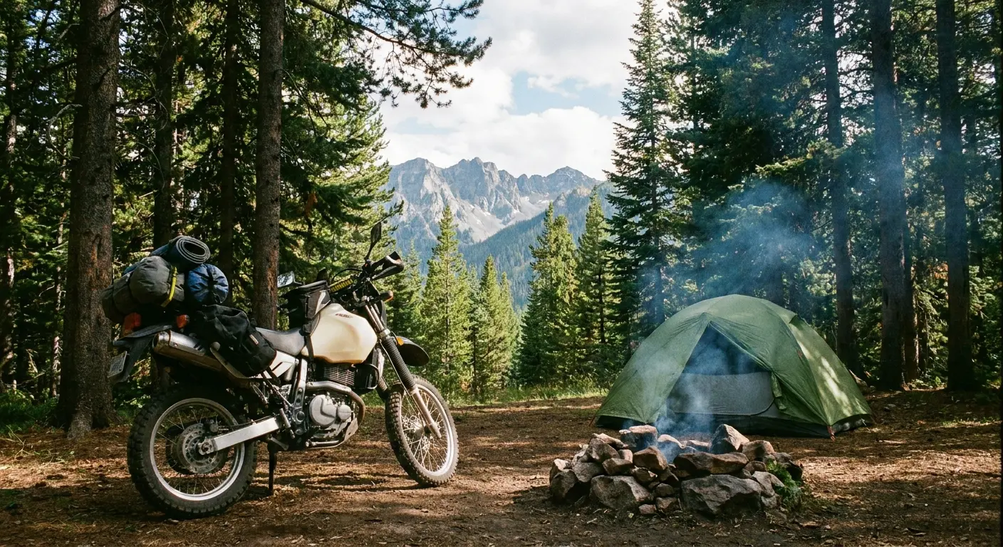 Dispersed camping site with motorcycle