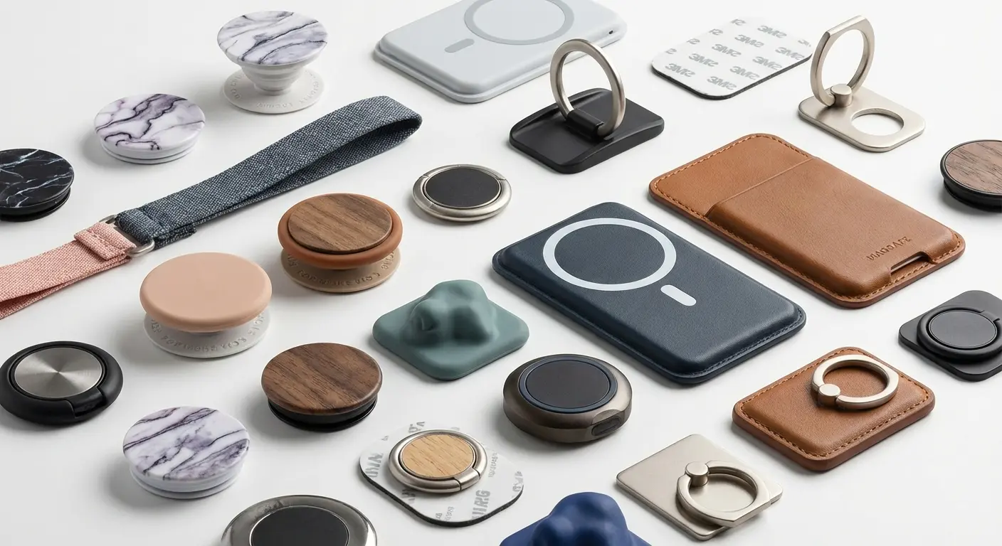 Various phone grip accessories on display