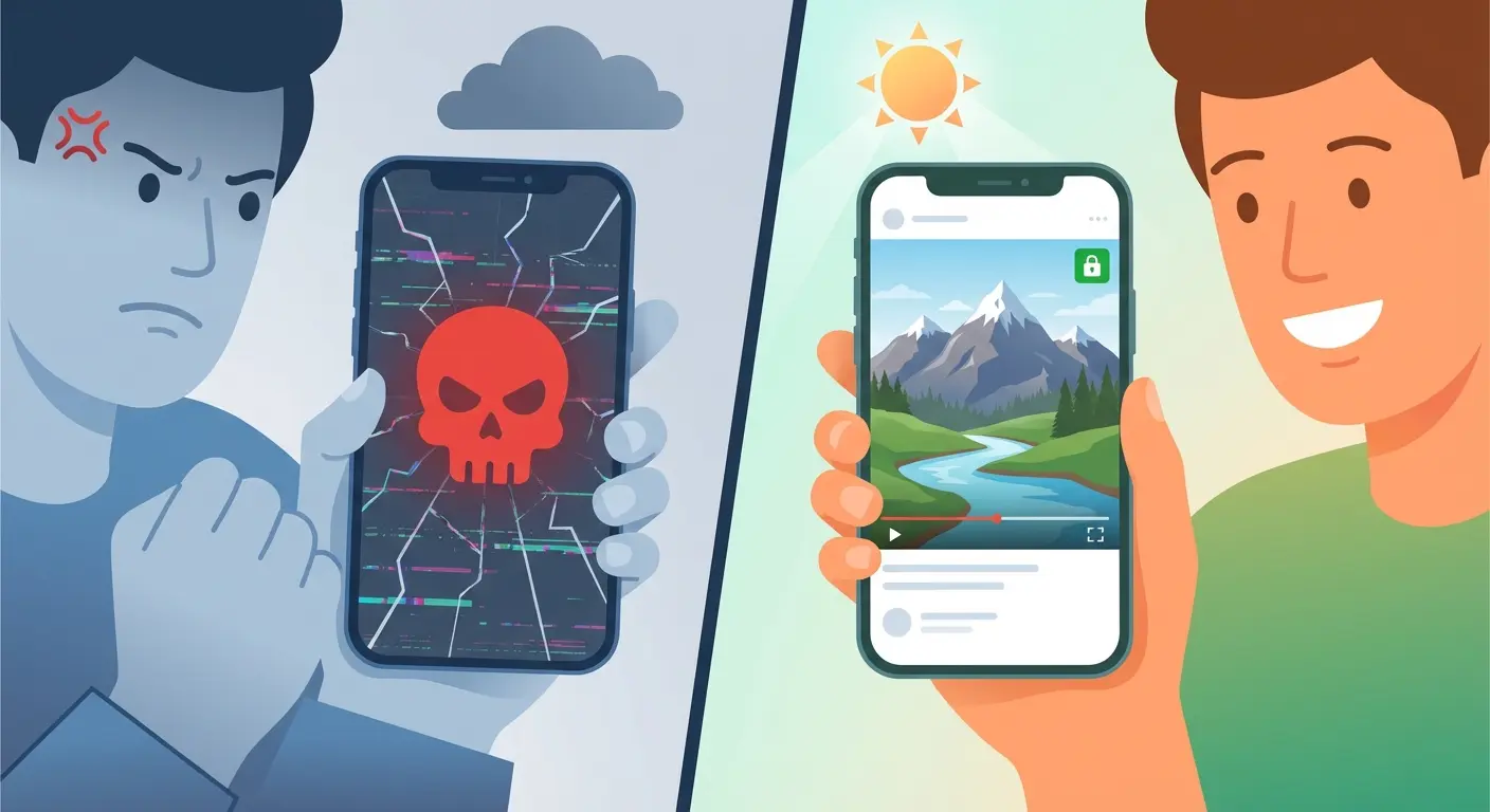 Person holding a smartphone displaying a movie app interface