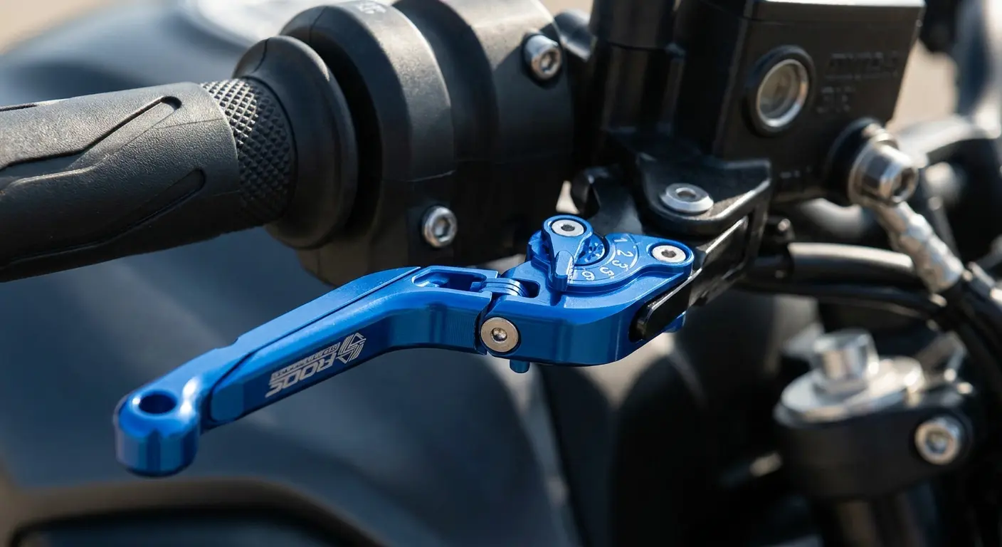 Adjustable aftermarket brake and clutch levers on motorcycle