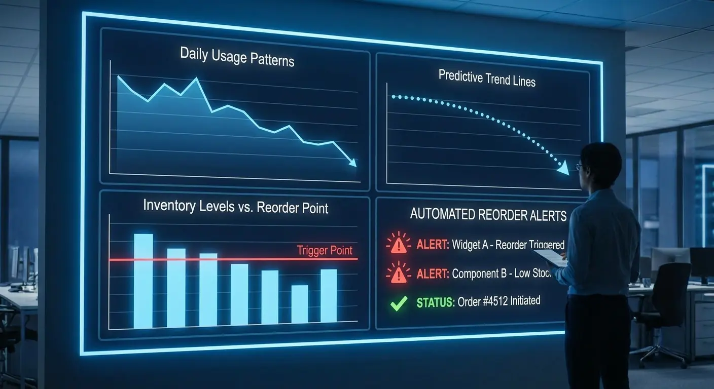 Analytics dashboard showing usage patterns, hiring trends, and automated reorder recommendations based on predictive forecasting